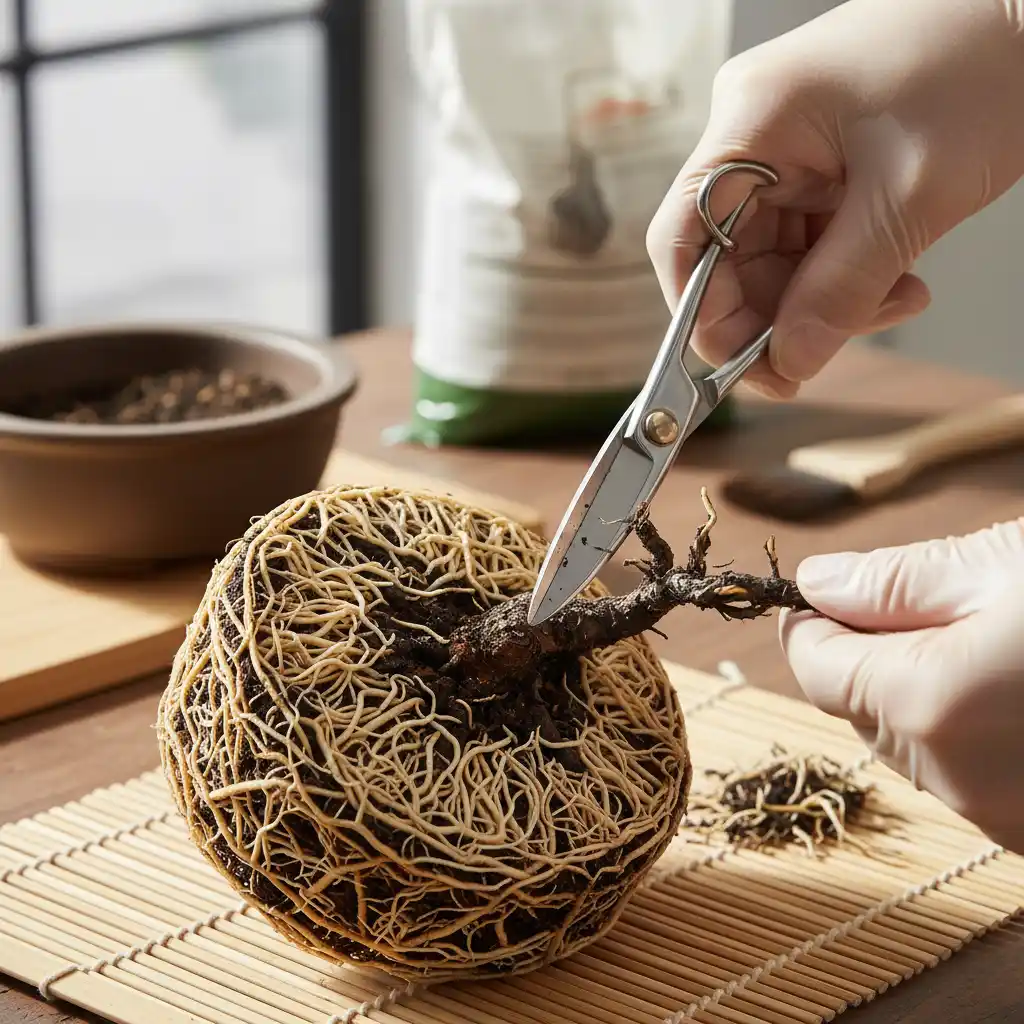 Root Rot Treatment Bonsai - Hands pruning diseased roots
