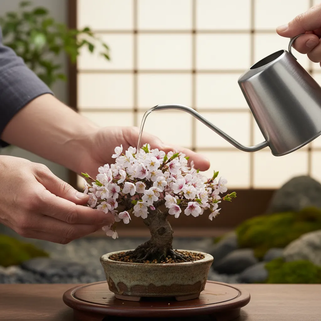 Cherry Blossom Bonsai Care - Hands carefully wate