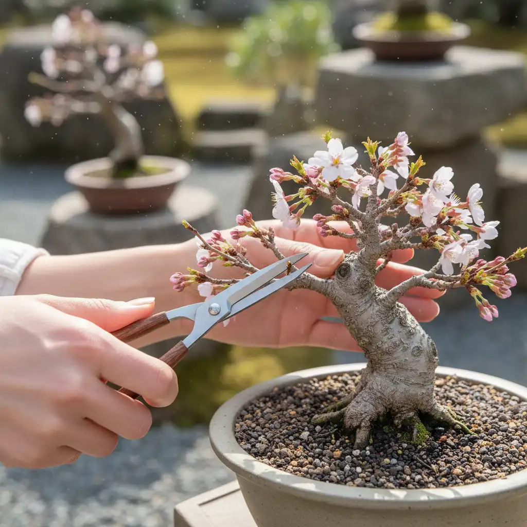 Cherry Blossom Bonsai Care - Hands carefully prun