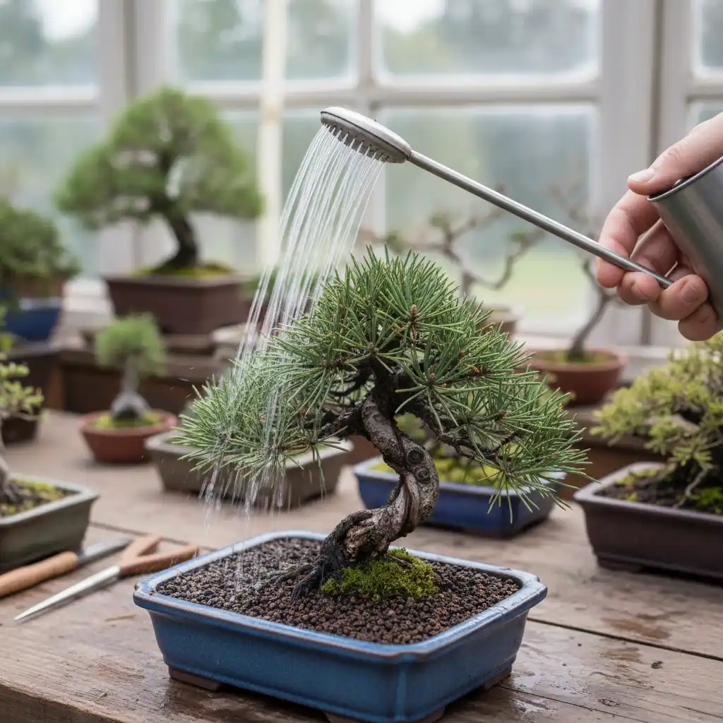 Pine Bonsai Watering Schedule - A person using a spe