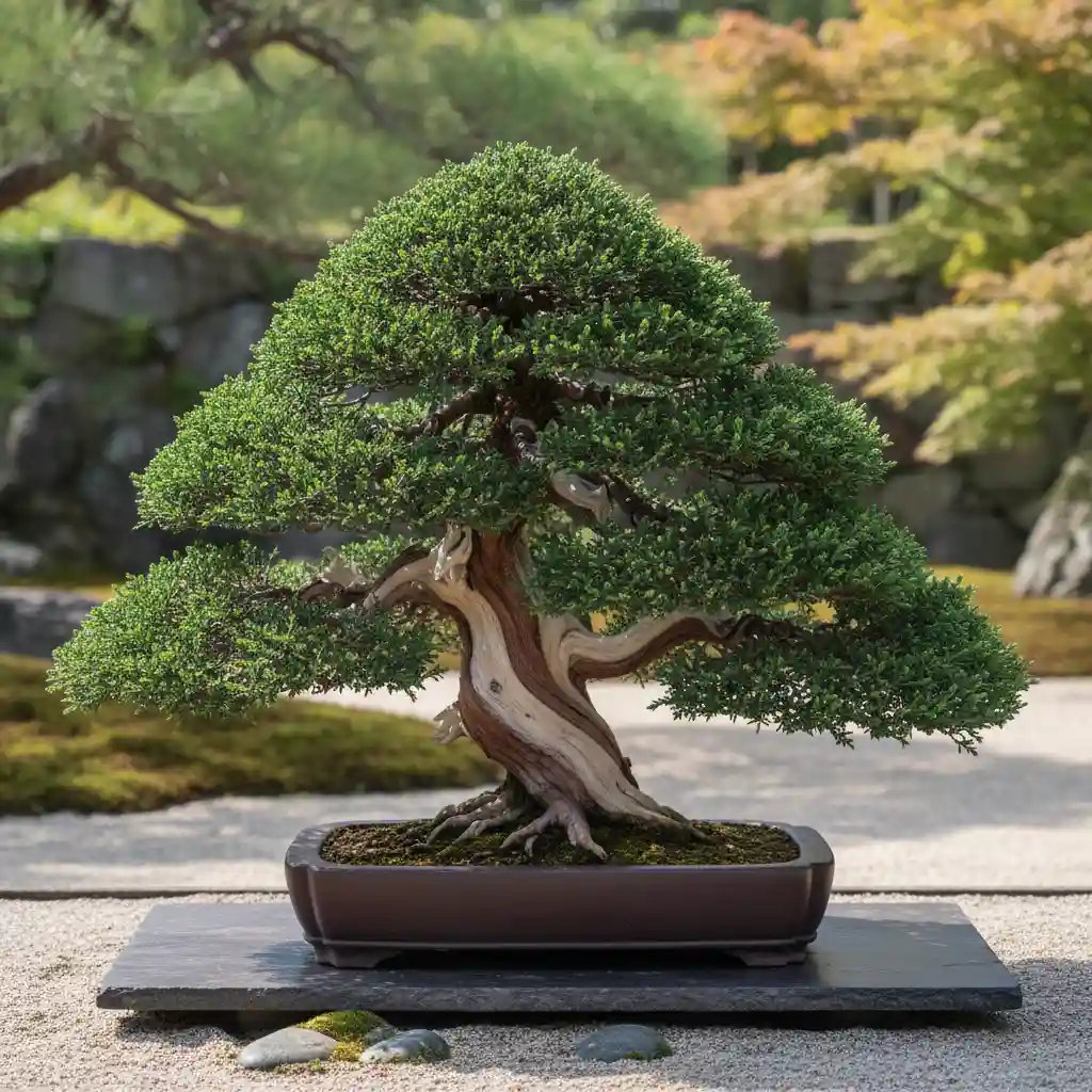 Healthy juniper bonsai tree on display