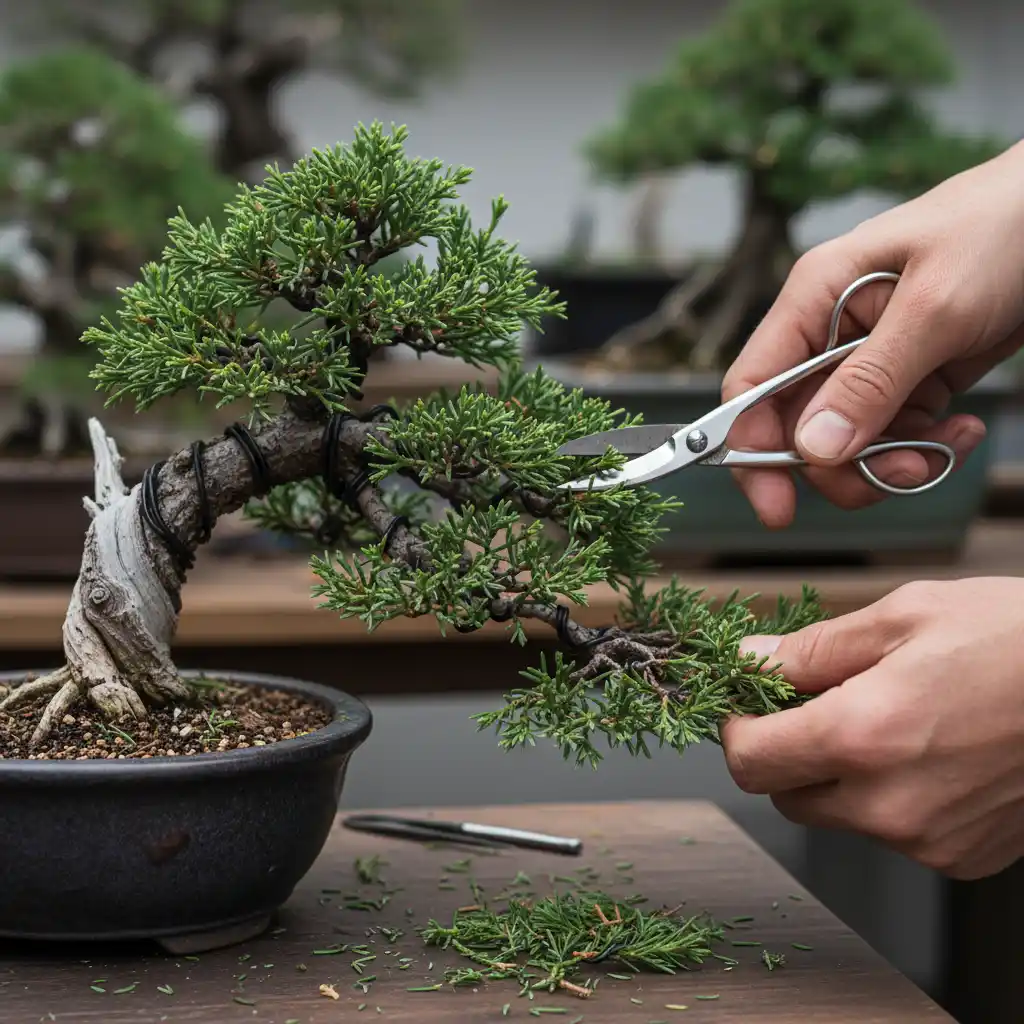 Pruning juniper bonsai foliage